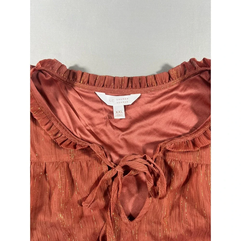LC Lauren Conrad Rust Gold Metallic Stripe Flutter Sleeve Blouse Woven XXL Top